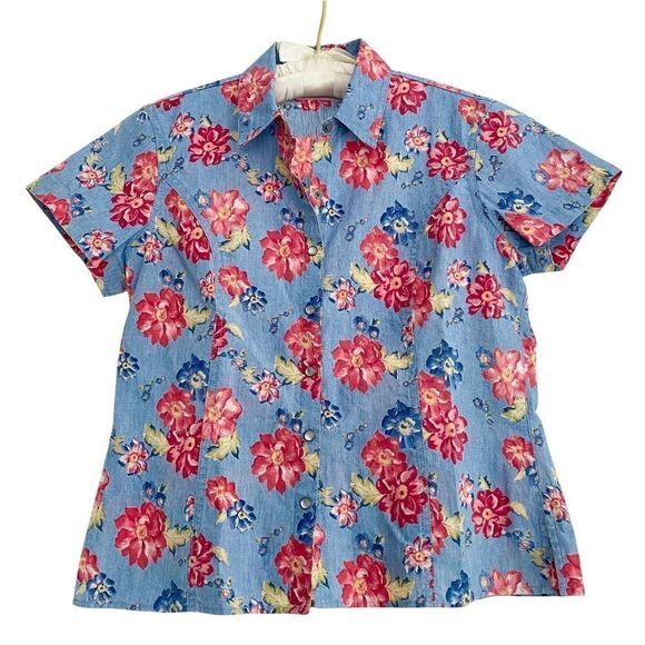 Liz Claiborne Lizwear Floral Country Style Short Sleeve Blouse Blue + Red Petite - Picture 1 of 5